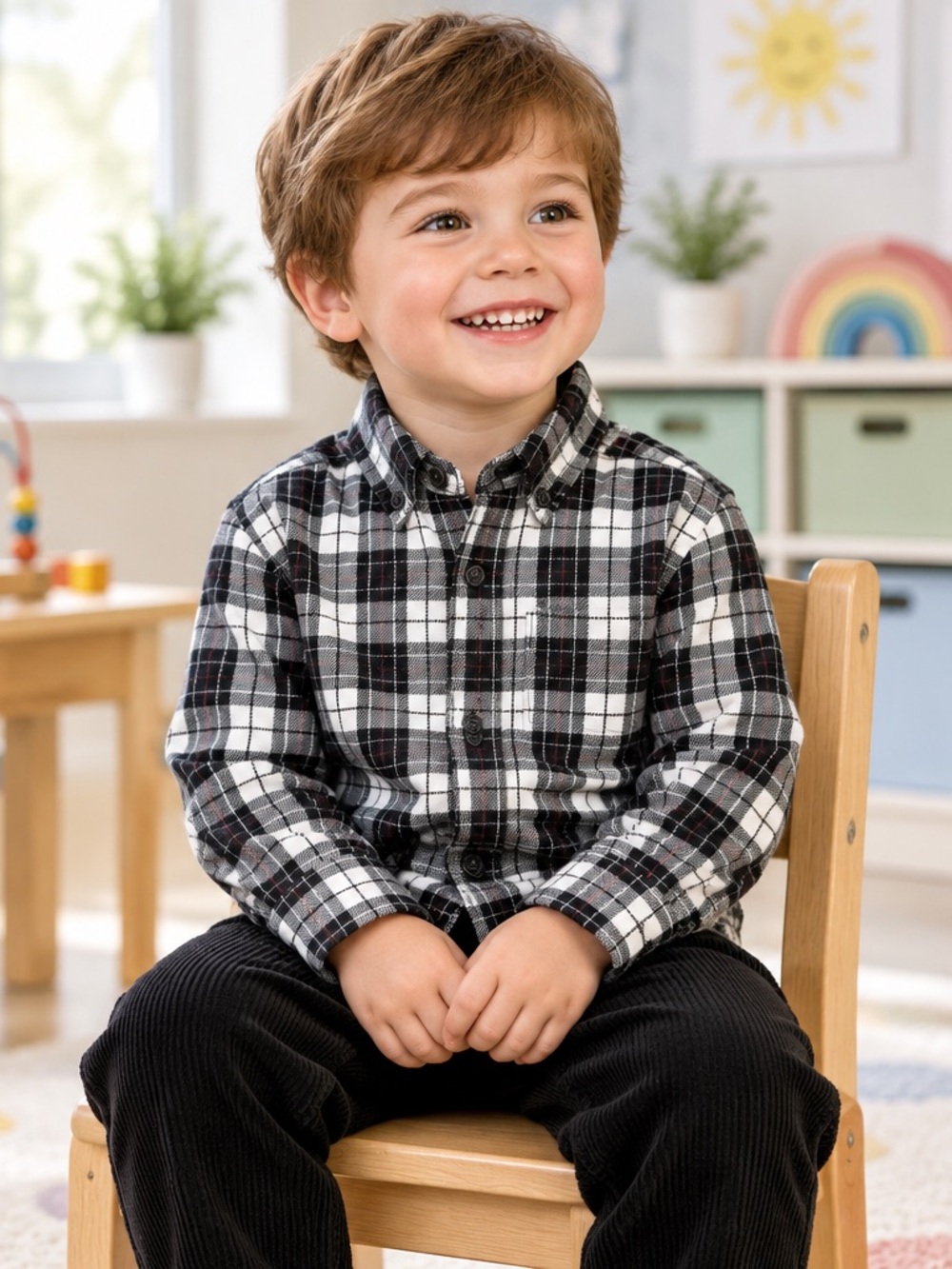 The Children's Place Boys Black/White Plaid Flannel Button-Up 100% Cotton 3T